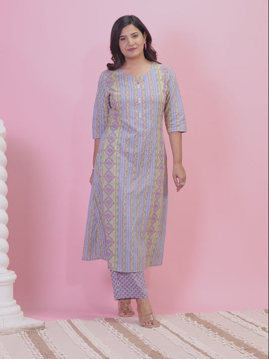Soft Cotton Striped A-line Blue Kurta