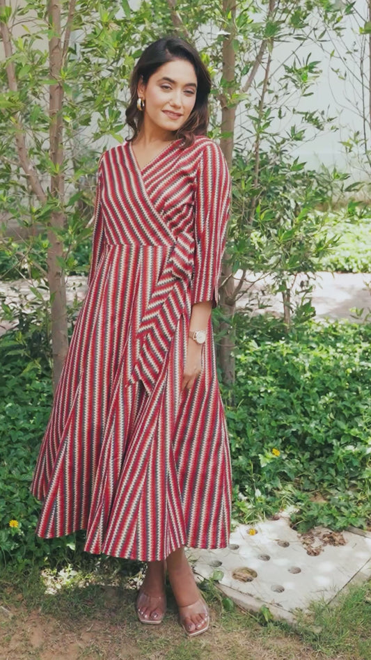 Lurex Cotton Chevron Angrakha Red Dress