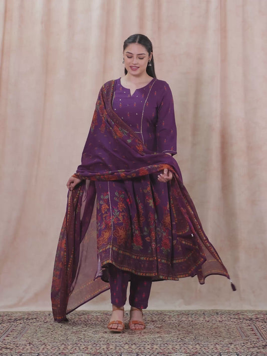 Embroidered Viscose Floral Flared Purple Kurta