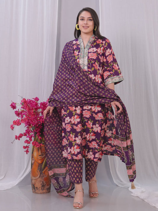 Embroidered Soft Cotton Floral Straight Wine Kurta