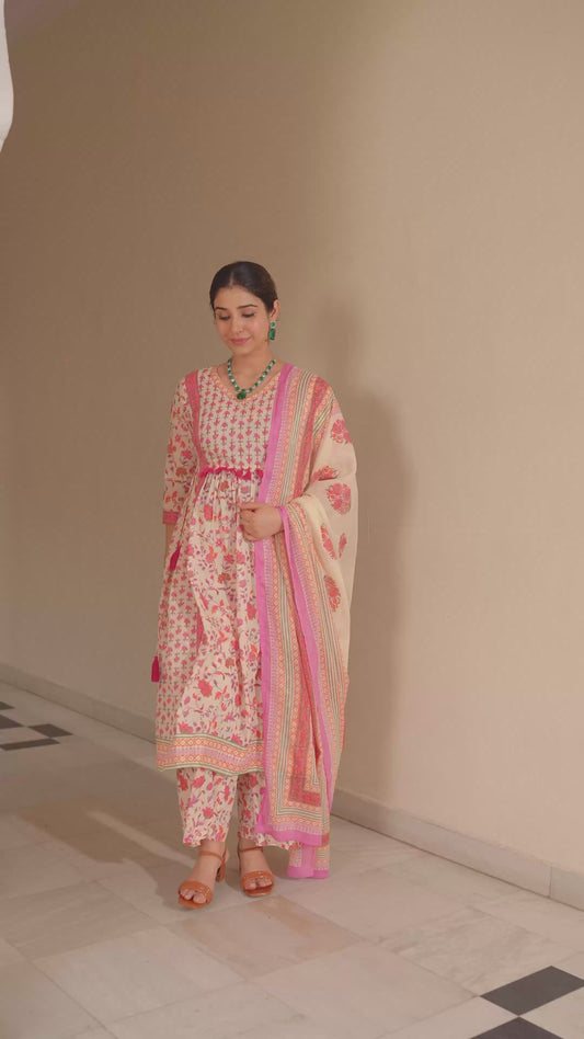 Embroidered Soft Cotton Floral Kalidar Off White Kurta