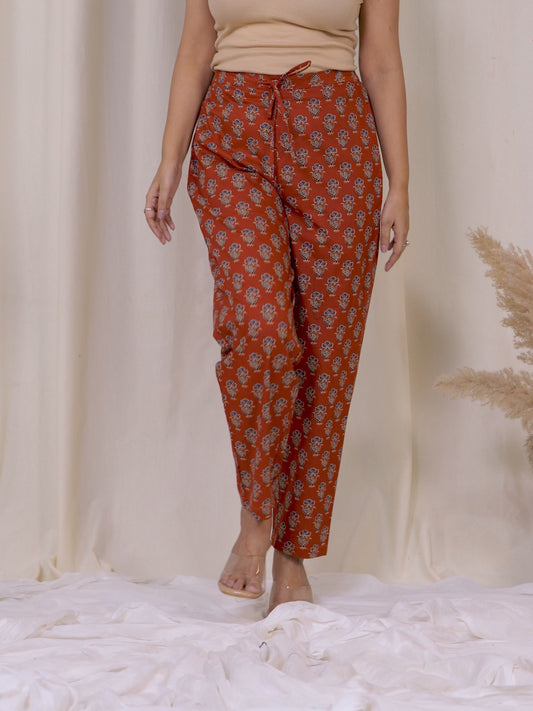 Soft Cotton Floral Rust Trousers  Tapered Trousers