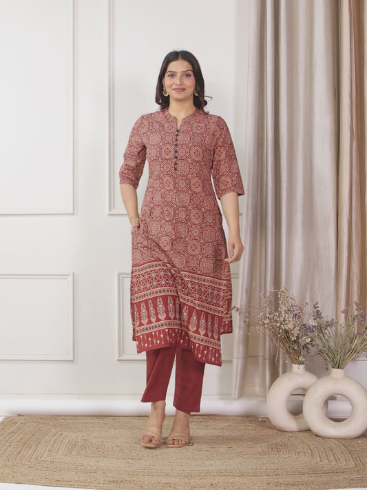 Soft Cotton Geometric Straight Red Kurta