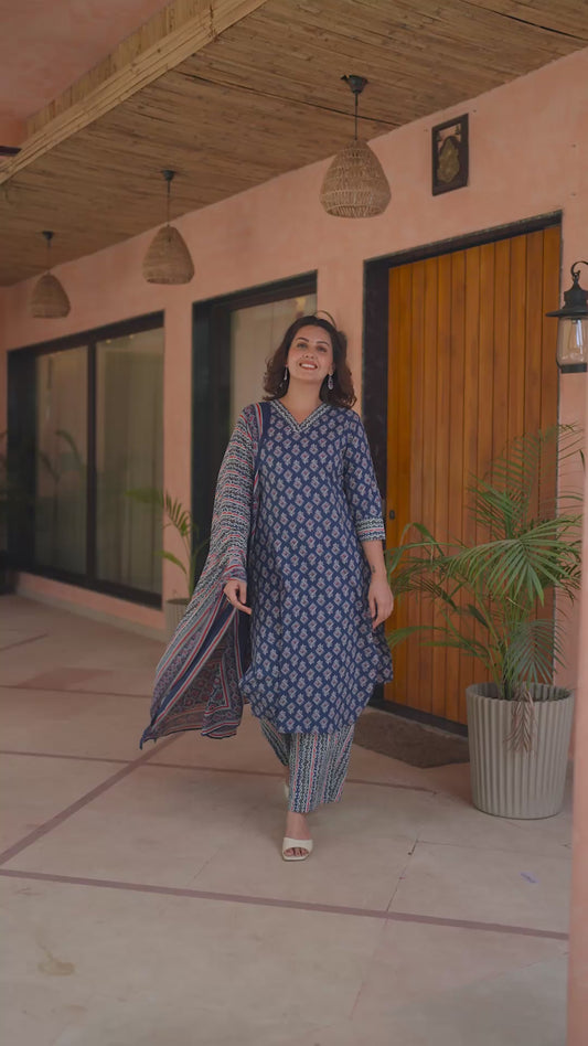 Soft Cotton Geometric Straight Blue Kurta