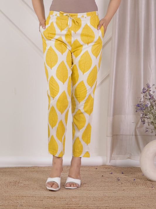 Soft Cotton Foliage Yellow Tapered Trousers