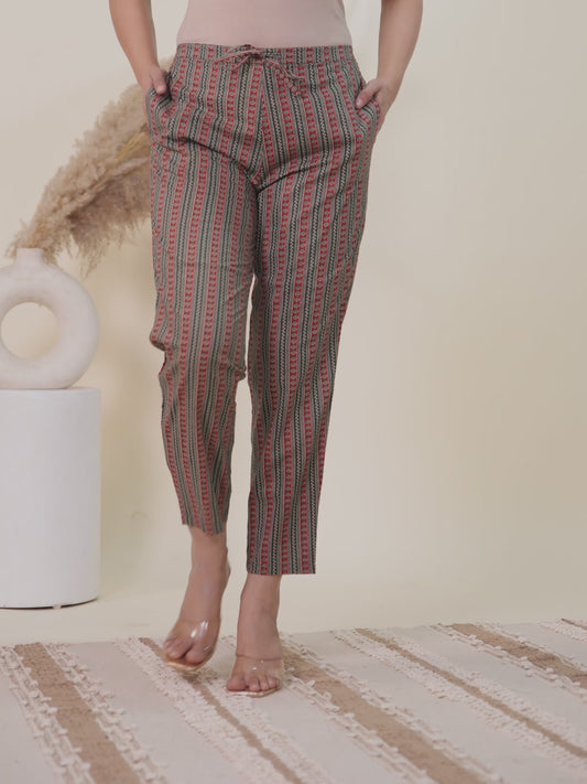 Soft Cotton Striped Green Tapered Trousers