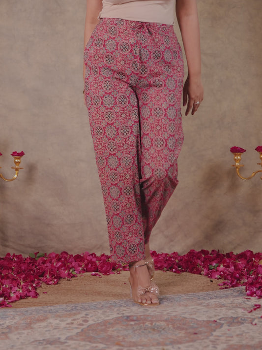 Soft Cotton Geometric Pink Tapered Trousers