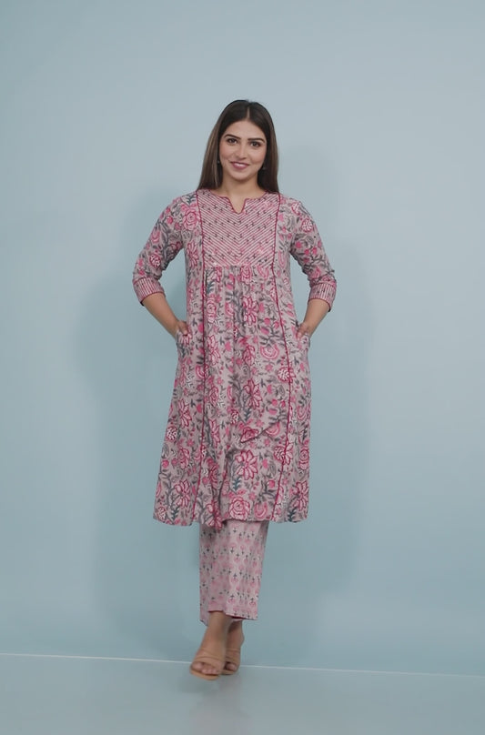 Embroidered Soft Cotton Floral Flared Grey Kurta