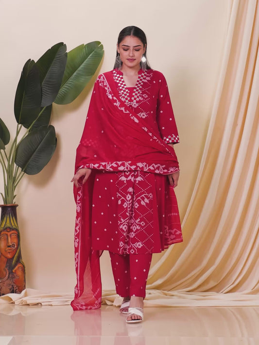 Embroidered Soft Cotton Geometric Flared Red Kurta