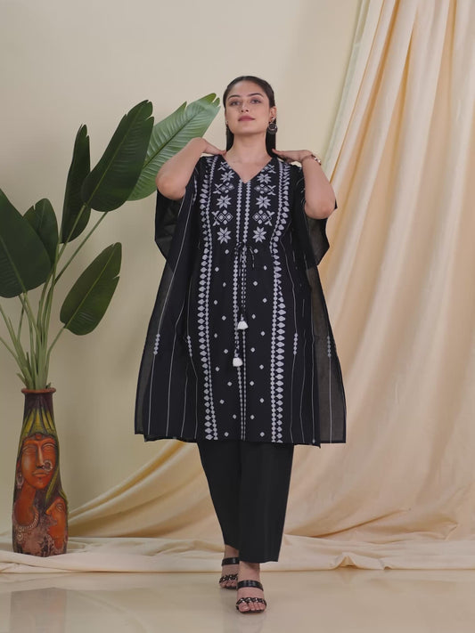 Soft Cotton Placement Print Kaftan Black Kurta (With Necklace)