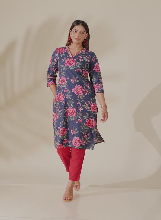 Linen Cotton Floral Kurta