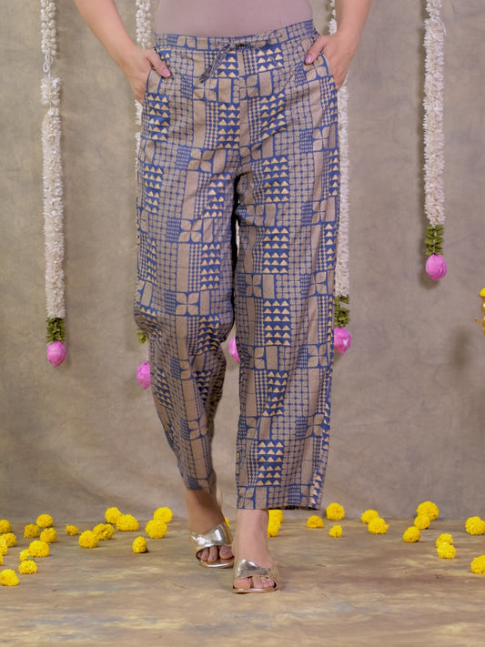 Viscose Gold foil Blue Straight Straight Trousers