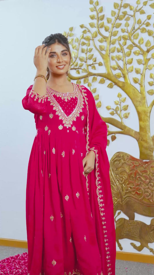 Embroidered Blended Silk Solid Royal Pink Kurta