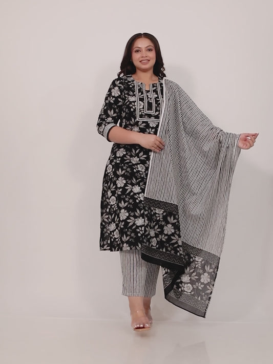Soft Cotton Floral Straight Black Kurta