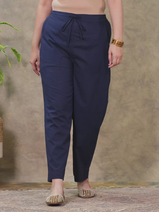 Soft Cotton Solid Navy Blue Straight Trousers