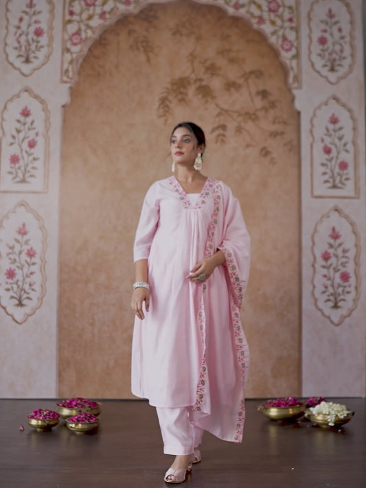 Embroidered Chanderi Solid Flared Pink Kurta