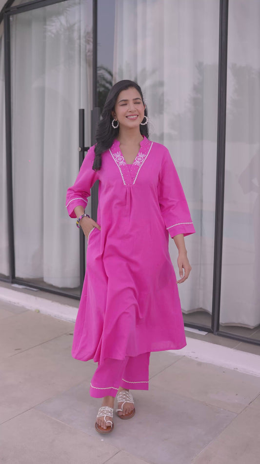 Embroidered Linen Cotton Solid Flared Pink Kurta