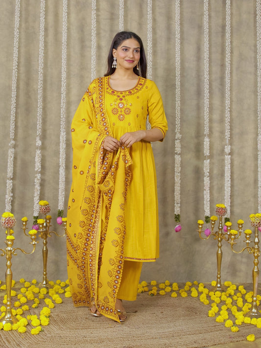 Embroidered Cotton Dobby Solid A-line Yellow Kurta