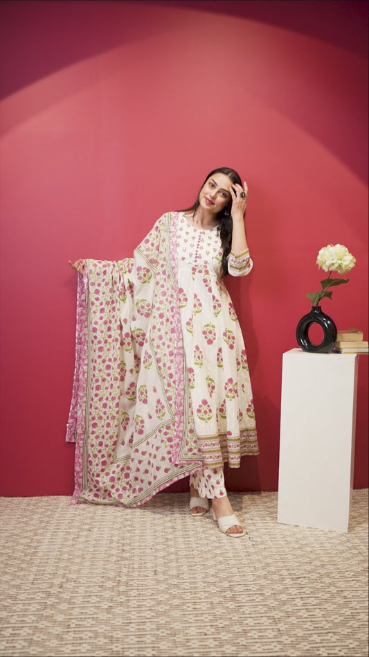 Embroidered Soft Cotton Butta Anarkali White Kurta