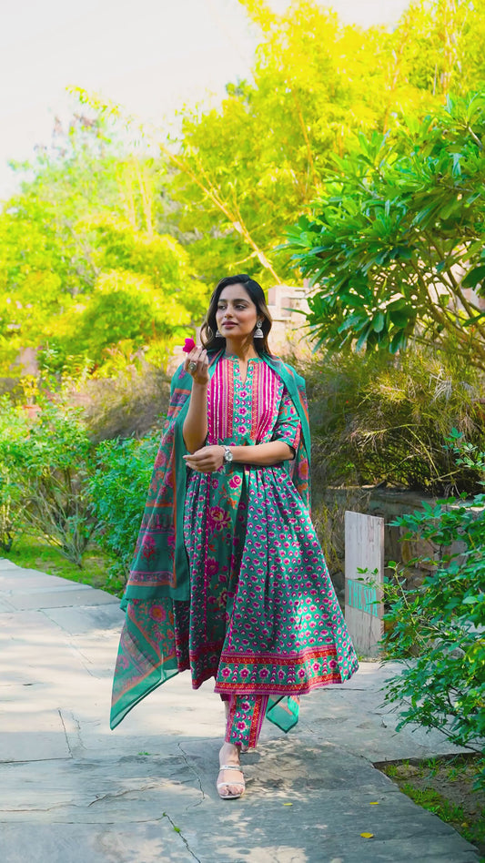 Embroidered Soft Cotton Block Print Flared Sea Green Kurta