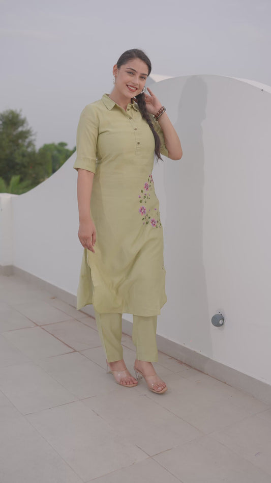Embroidered Blended Silk Solid Pathani Green Kurta