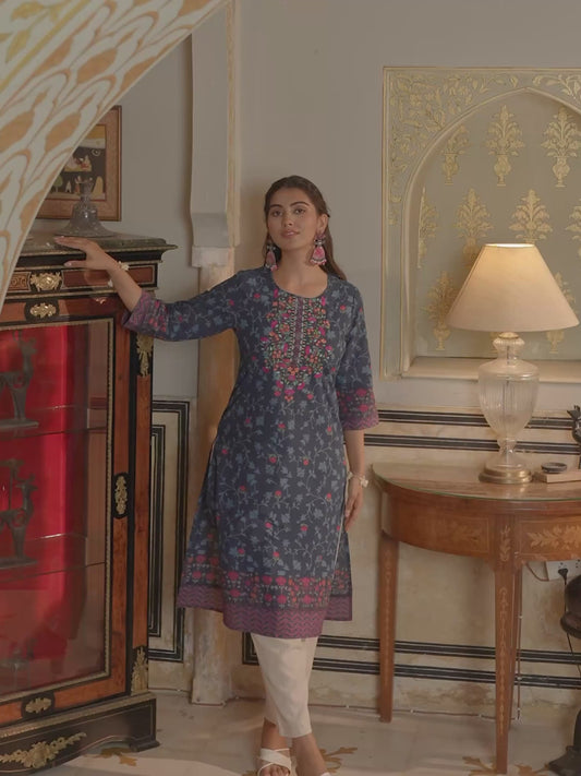 Embroidered Soft Cotton Floral Straight Indigo blue Kurta