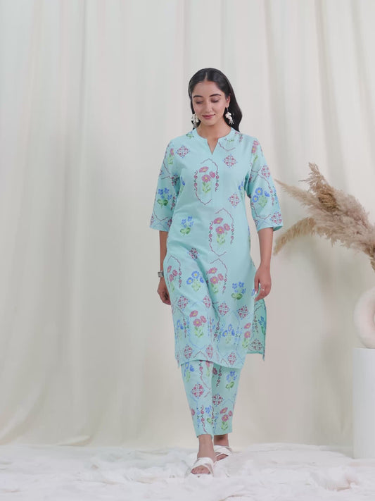 Soft Cotton Floral Straight Mint Green Kurta