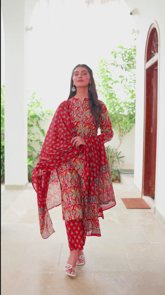 Soft Cotton Floral Red Kurta