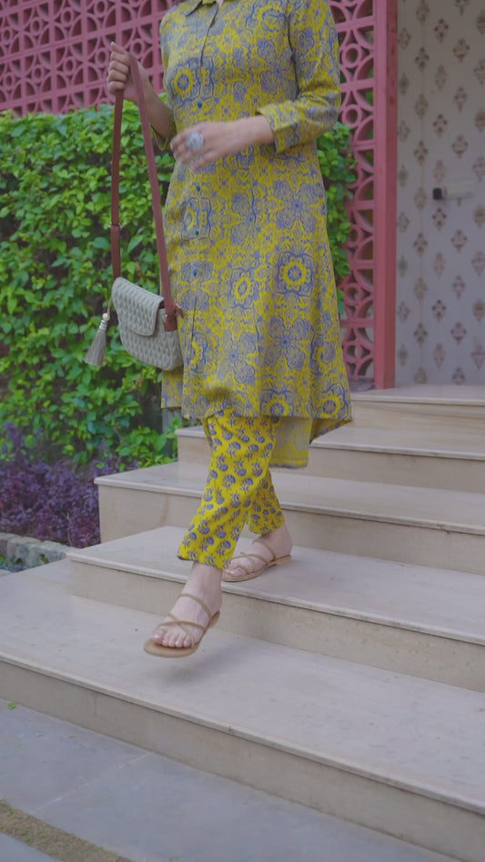 Viscose Geometric High Low Yellow Kurta
