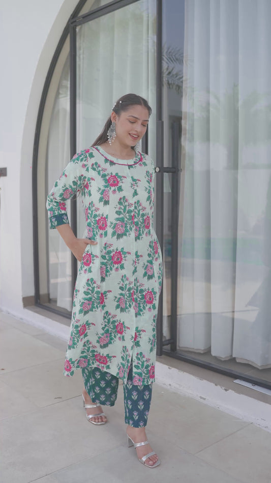 Embroidered Kantha Cotton Floral Flared Off White Kurta
