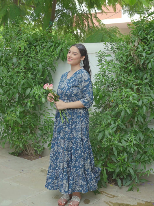Soft Cotton Floral Anarkali Blue Dress