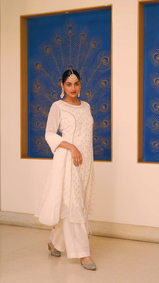 Embroidered Georgette Gold foil Flared Off White Kurta