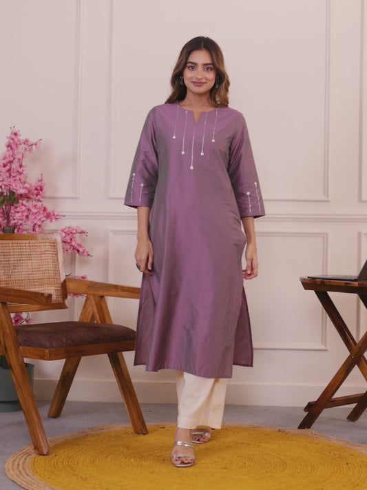 Embroidered Blended Silk Solid Straight Lavender Kurta