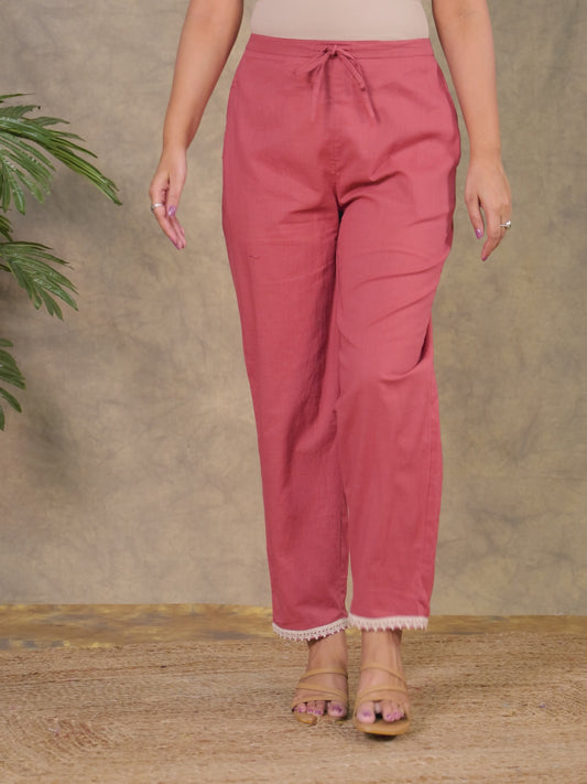 Natural Cotton Solid Rust Orange Tapered Trousers