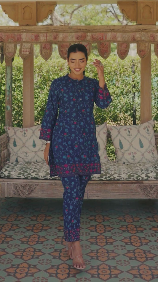 Soft Cotton Floral Straight Blue Kurta