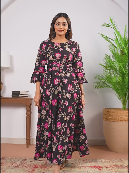 Soft Cotton Floral Anarkali Black Dress