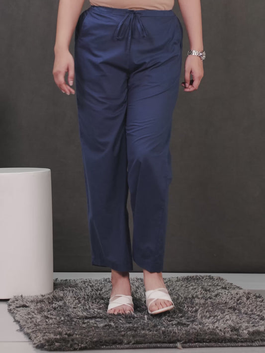Soft Cotton Solid Blue Straight Trousers