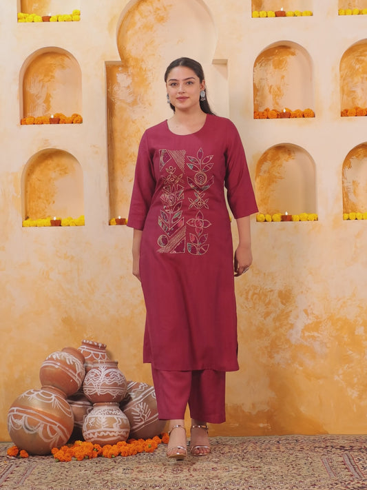 Embroidered Blended Silk Solid Straight Maroon Kurta