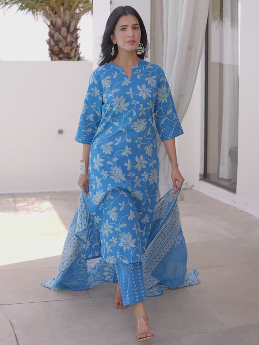 Soft Cotton Bandhani Straight Blue Kurta