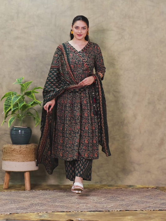 Kantha Cotton Floral Angrakha Green Kurta