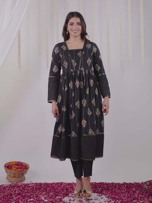 Soft Cotton Floral Anarkali Black Kurta