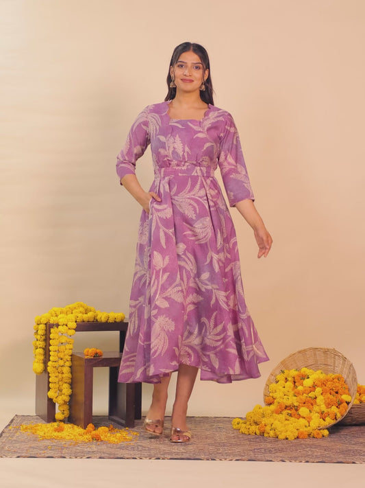 Muslin Floral Anarkali Purple Dress