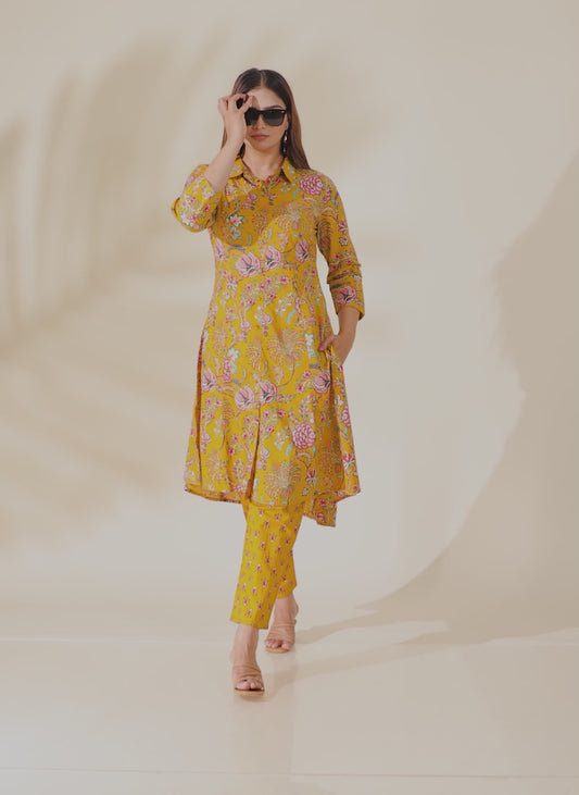 Soft Cotton Foliage High Low Yellow Kurta