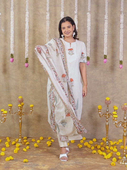 Soft Cotton Floral Straight Off White Kurta