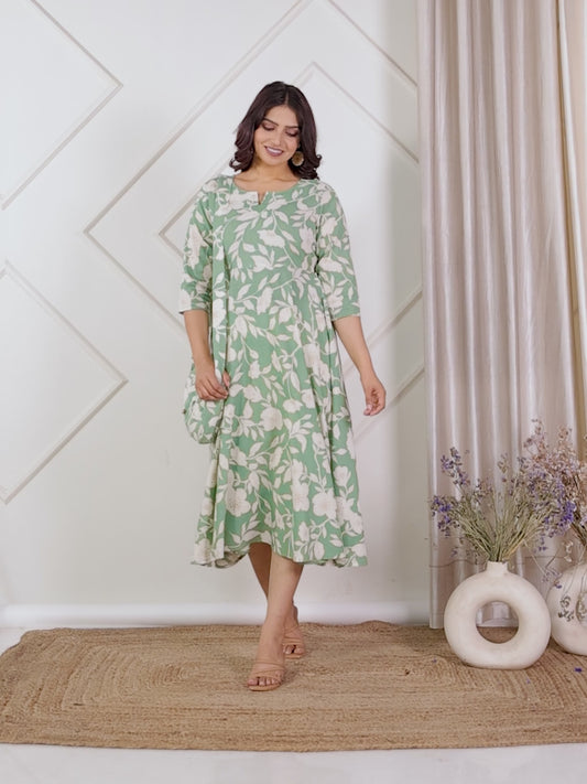Linen Cotton Floral Anarkali Green Dress