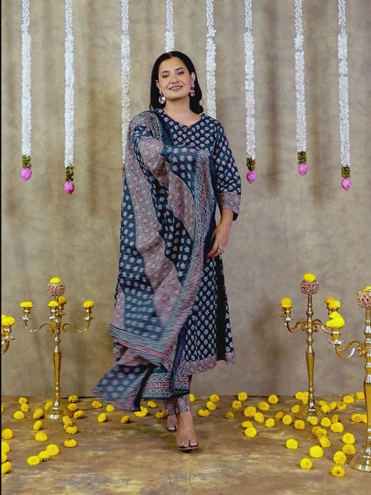 Soft Cotton Block Print Flared Navy Blue Kurta