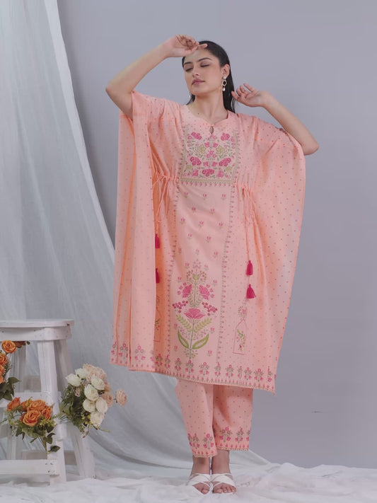 Soft Cotton Floral Kaftan Peach Kurta