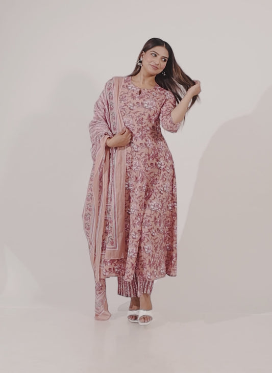 Soft Cotton Floral Flared Pink Kurta