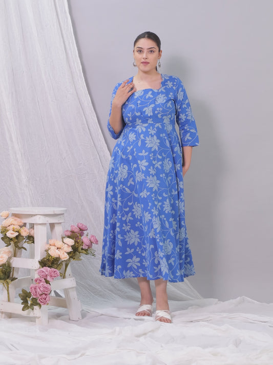 Soft Cotton Bandhani Anarkali Blue Dress