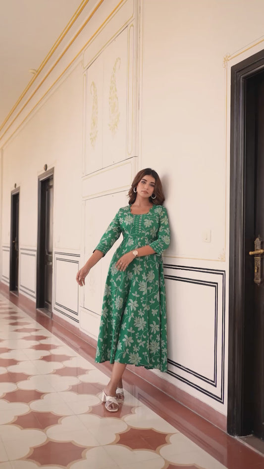 Soft Cotton Bandhani Anarkali Green Dress
